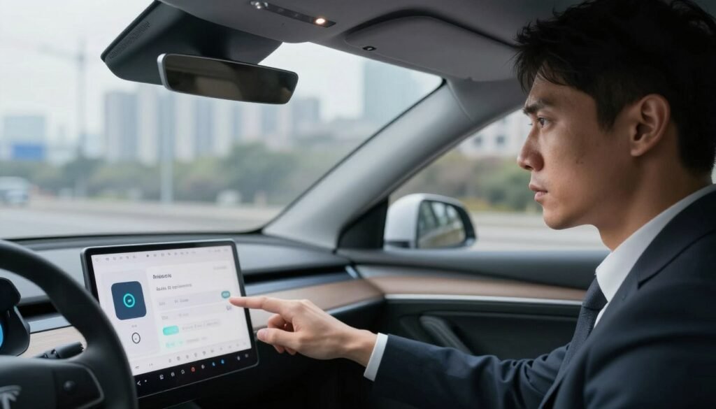 A close-up of the interior of a modern car, emphasizing the dashboard and in-cabin surveillance technology. In the foreground, a driver dressed in professional business attire looks concerned as they interact with the smart display showing data collection alerts. In the background, soft lighting illuminates the car's interior, creating a serious yet reflective atmosphere. A blurred cityscape is faintly visible through the windows, suggesting the outside world. The image should evoke the tension between technological advancement and personal privacy, illustrating the implications of data collection. Capture this scene in a highly detailed, realistic style, reminiscent of an editorial news photograph for "AI Impact News".