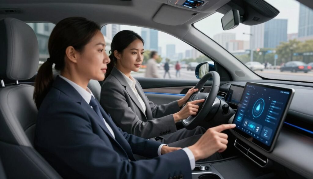 A modern car interior featuring a diverse group of two professional adults in business attire, attentively engaged with sophisticated driver monitoring technology. In the foreground, a close-up of a dashboard displaying an advanced AI-powered distraction detection interface with sleek graphics, subtly illuminated by soft blue ambient lighting. The middle ground shows the individuals, one focused on the road, while the other checks the monitoring system on a tablet. In the background, the city landscape flows by through large windows, demonstrating a busy urban environment. The mood is serious yet optimistic, highlighting the seamless integration of technology into daily driving. The overall composition should evoke a sense of innovation and responsibility in modern transportation. AI Impact News branding subtly implied through design elements like the car's digital displays.